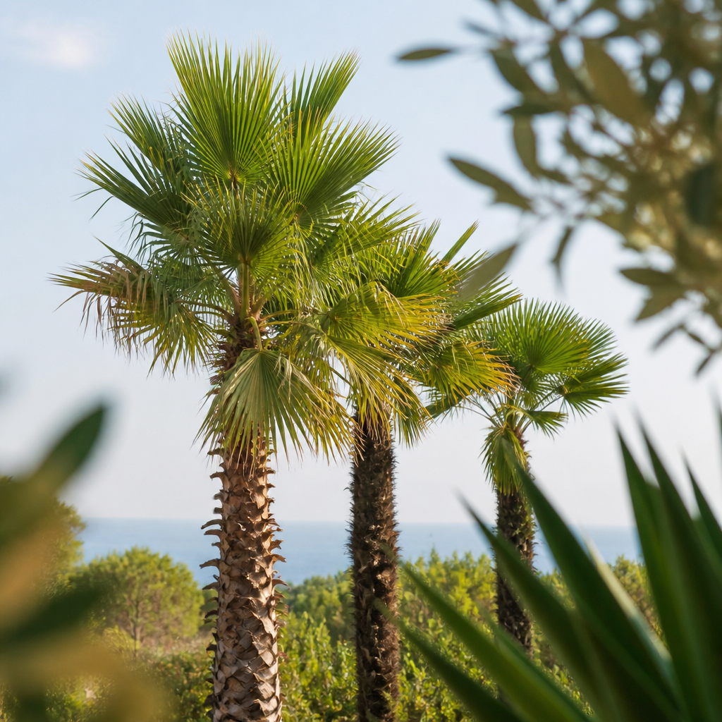 Washingtonia'nın geniş ve lifli yelpaze yaprağı ile Trachycarpus fortunei'nin daha küçük, sert ve düzgün yelpaze yaprağının yan yana karşılaştırması.
